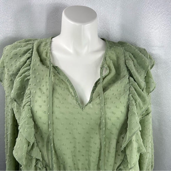 New York & Company Olive Green Clip-Dot Ruffle Blouse - Lily & Cali XL - Picture 4 of 8